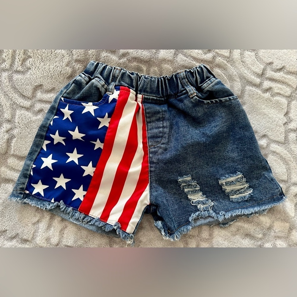 SHEIN Kids Stars & Stripes Distressed Denim Shorts Size 7Y